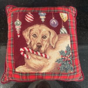12” Square Needlepoint Lab / Golden Retriever Holiday Pillow